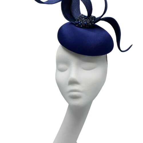 Navy satin headpiece with stunning swirl structured and hand bead detail.